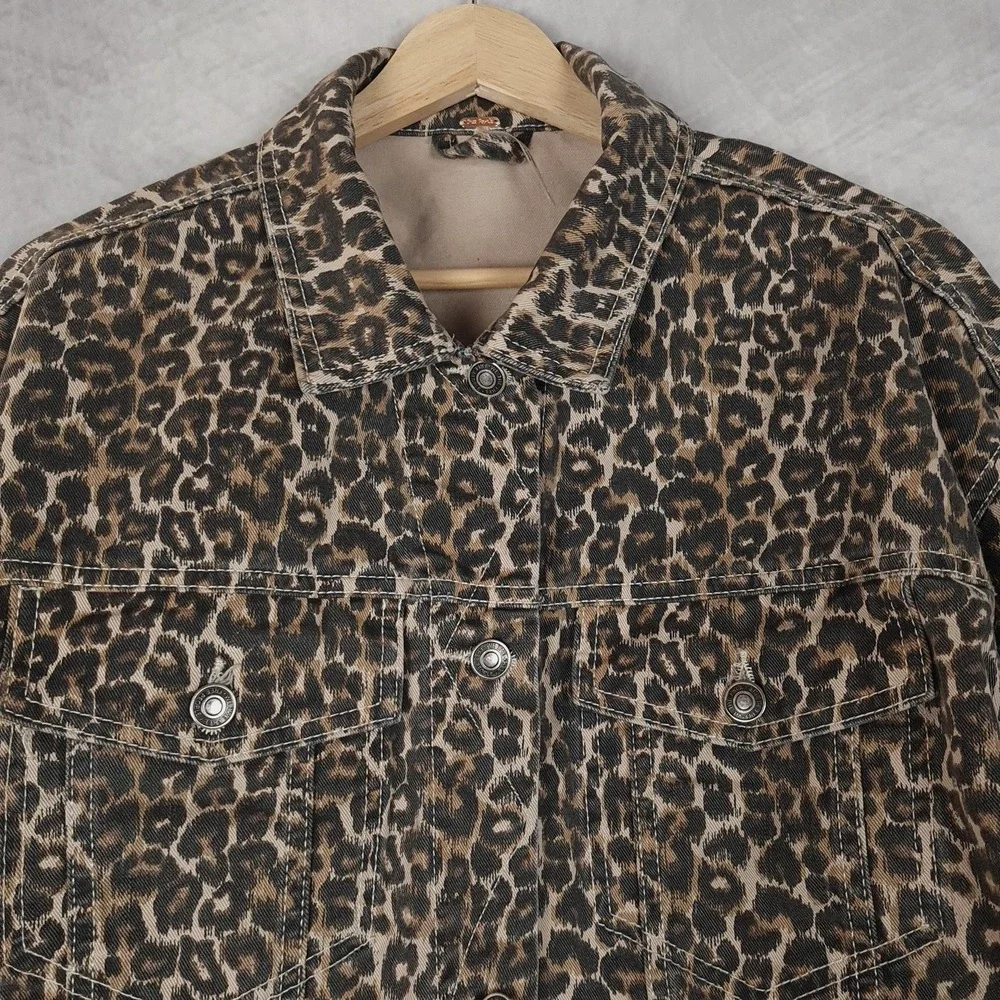 Free People Jacket Womens Large Brown Leopard Denim Raw Hem Cropped Trucker - Picture 3 of 16